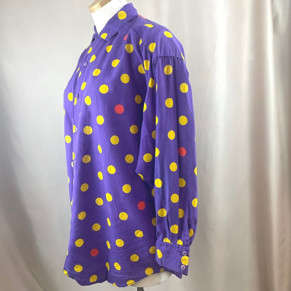 Vintage 80s ESPRIT SPORT Womens (L) Polka Dot Purple Button‎ Blouse Retro Baggy - Picture 7 of 7